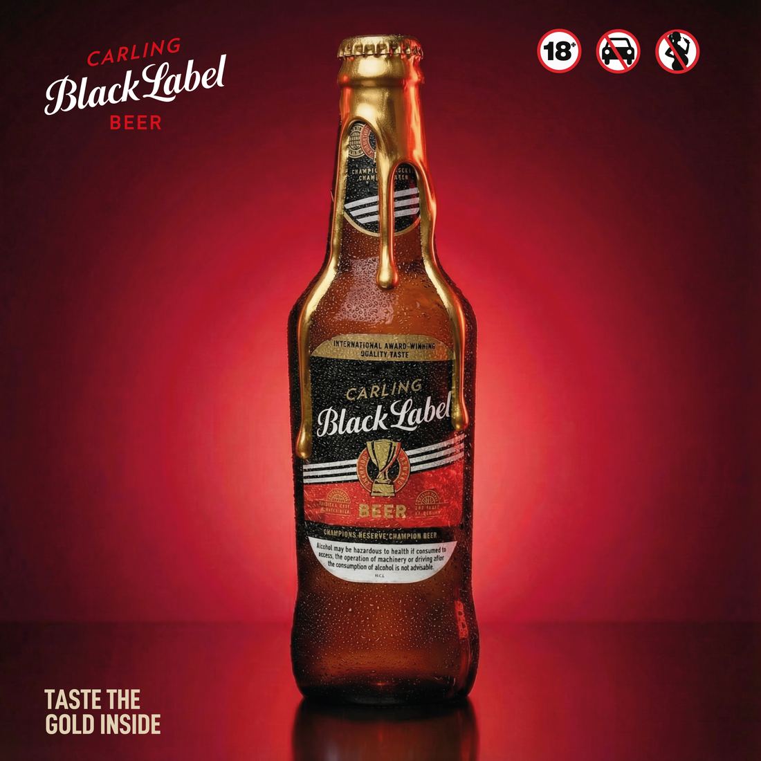 Carling Black Label bottle lit against deep red
