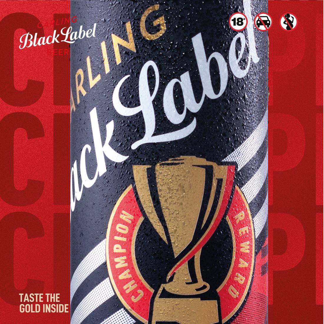 Black Label can with the Champion Reward trophy device
