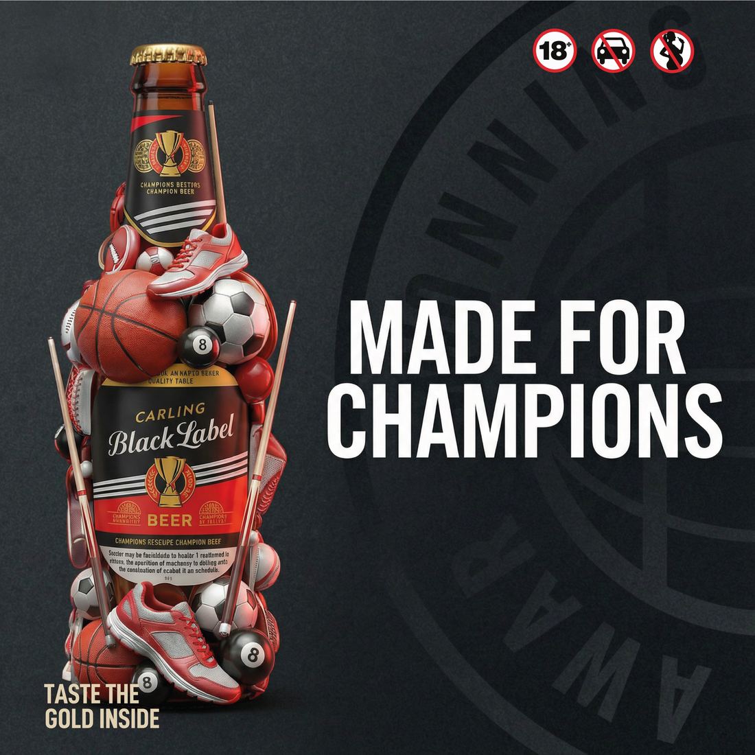 A bottle built from sports balls and boots