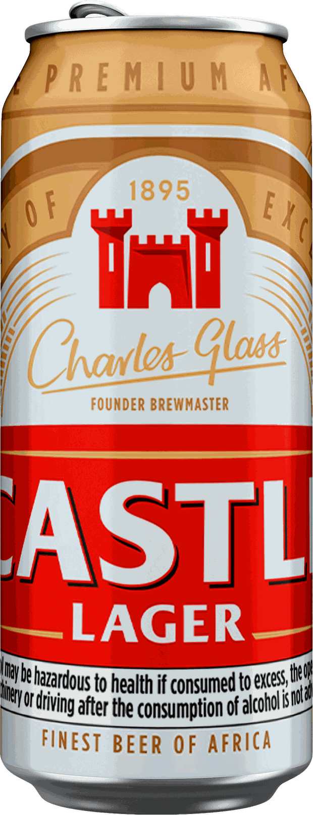 Castle Lager 440ml can — Charles Glass, founder brewmaster, finest beer of Africa