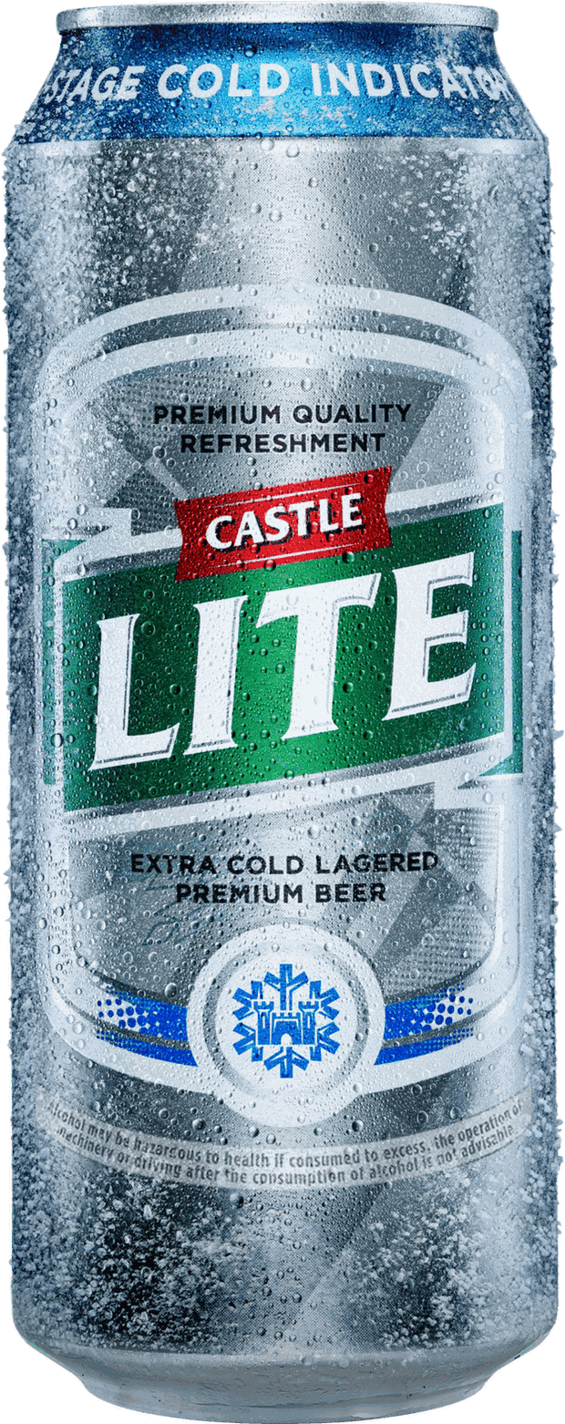 Castle Lite can with the four-stage cold indicator, frosted with condensation