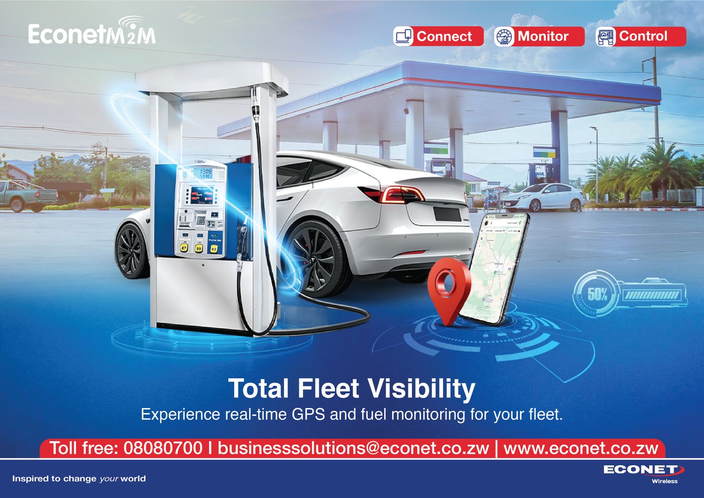 A car at a fuel forecourt with GPS and fuel monitoring overlaid — Total Fleet Visibility