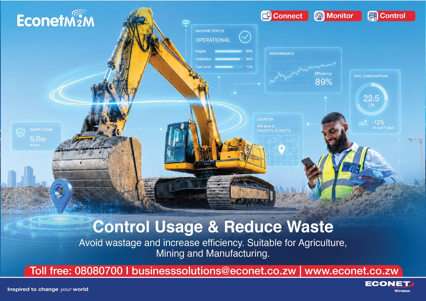 An excavator on site with usage telemetry — Control Usage and Reduce Waste