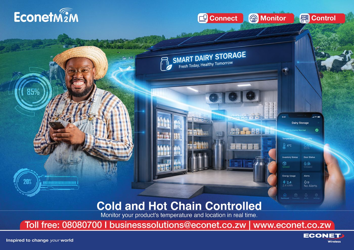 A farmer checking a smart dairy storage unit by phone — Cold and Hot Chain Controlled