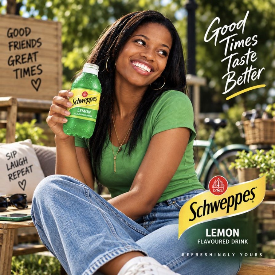 A woman holding Schweppes Lemon outdoors