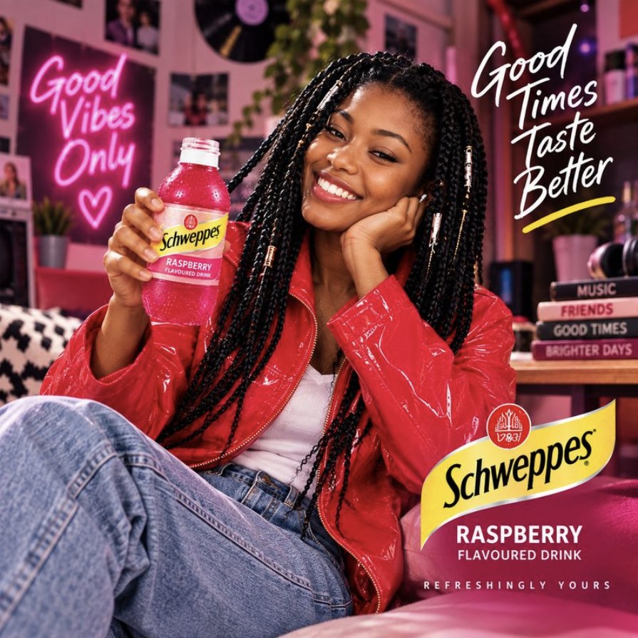 A woman holding Schweppes Raspberry against a neon wall