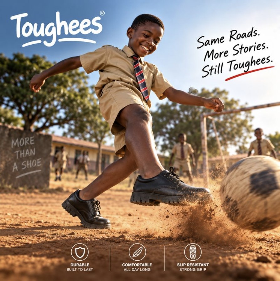A boy striking a football in Toughees school shoes