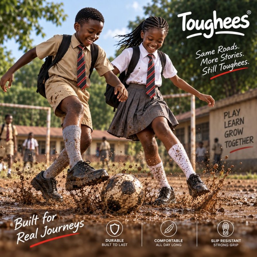 Two schoolchildren playing football in the mud