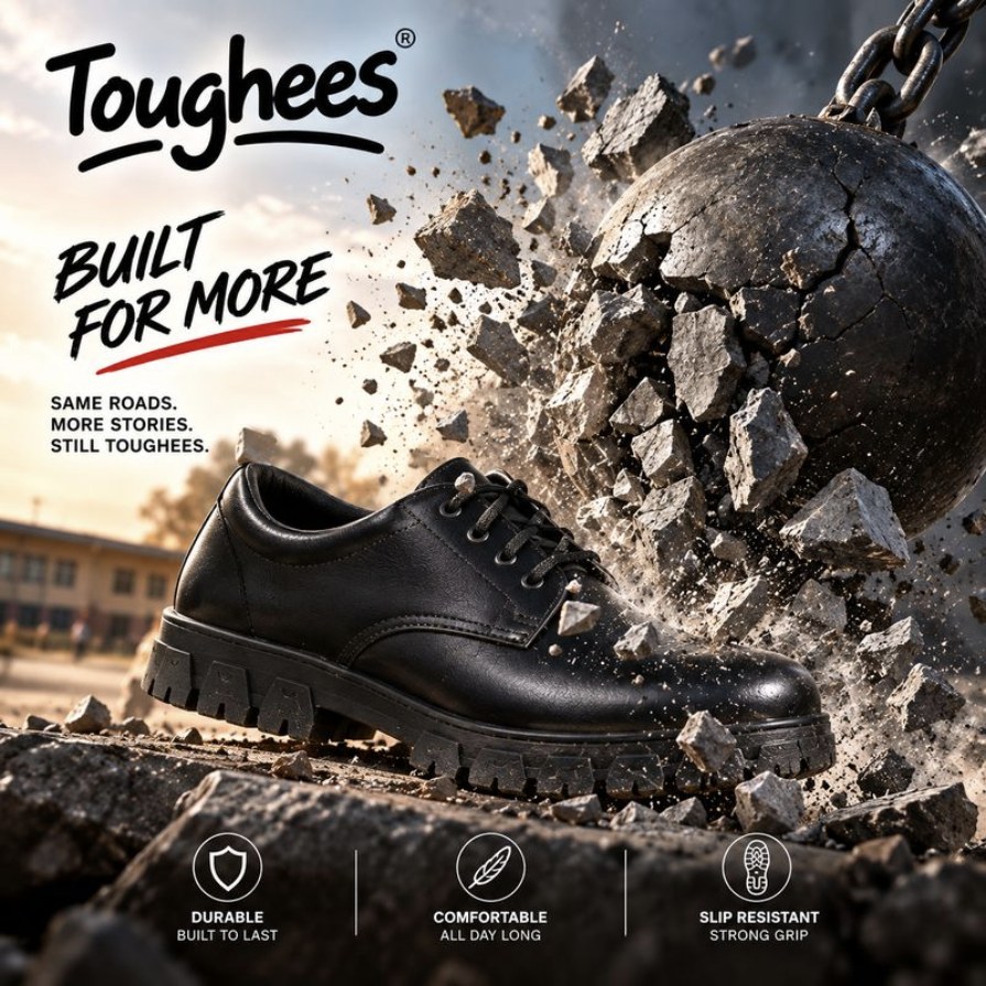 A Toughees shoe against a shattering wrecking ball